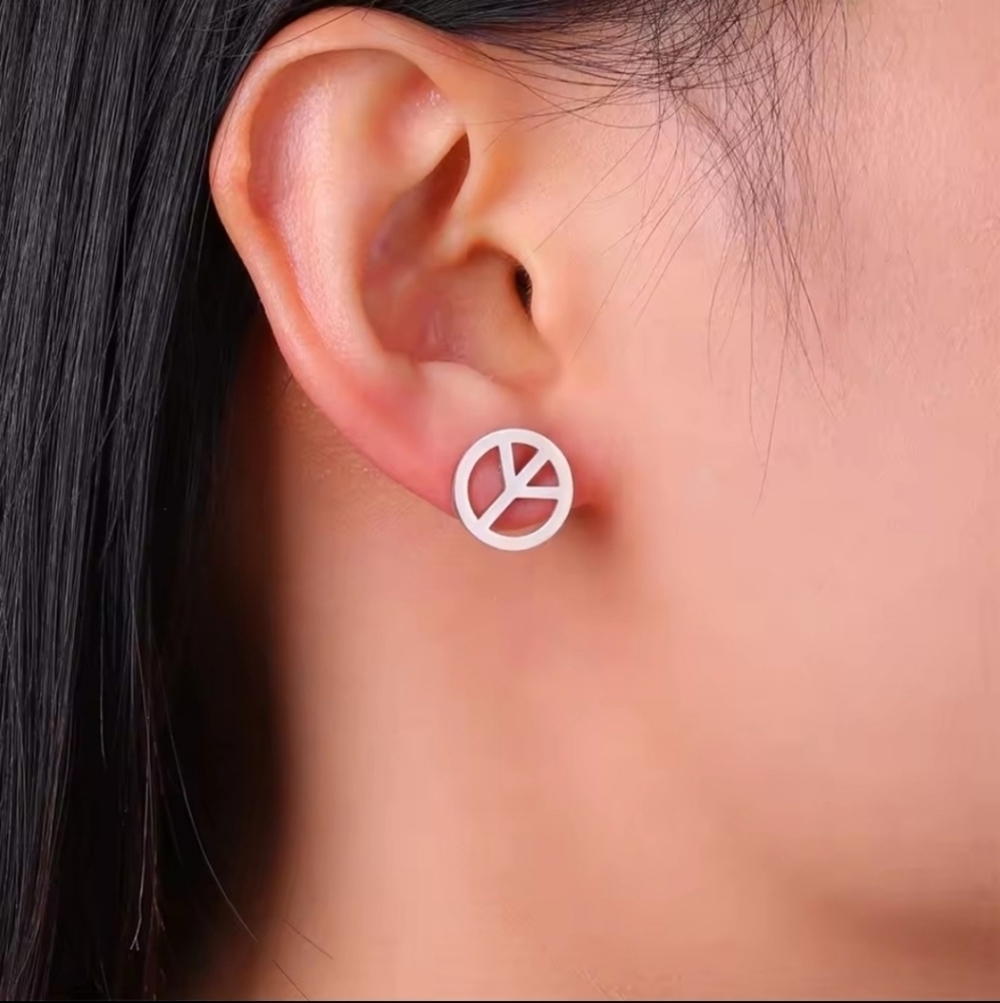 New Silver Peace Sign Stainless Steel Stud Earrings – Minimalist Boho Style
